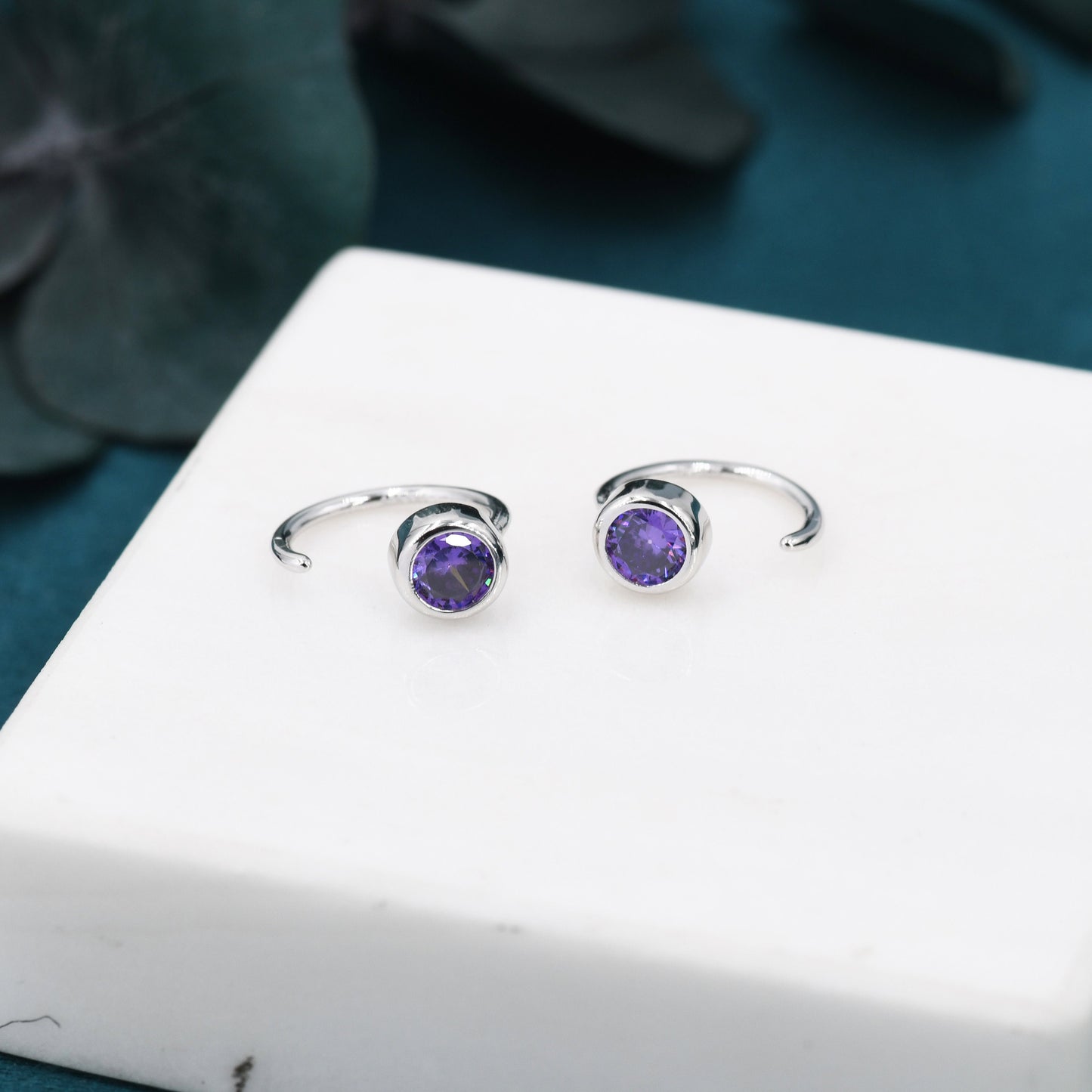 Amethyst Purple 4mm CZ Huggie Hoop Earrings in Sterling Silver, Tiny CZ Open Hoops, Pull Through Threaders, Half Hoops, C Shape