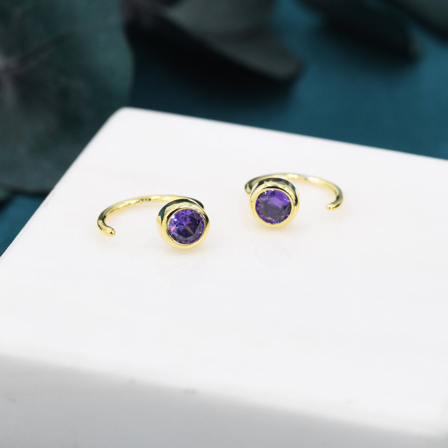 Amethyst Purple 4mm CZ Huggie Hoop Earrings in Sterling Silver, Tiny CZ Open Hoops, Pull Through Threaders, Half Hoops, C Shape