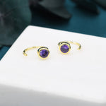 Amethyst Purple 4mm CZ Huggie Hoop Earrings in Sterling Silver, Tiny CZ Open Hoops, Pull Through Threaders, Half Hoops, C Shape