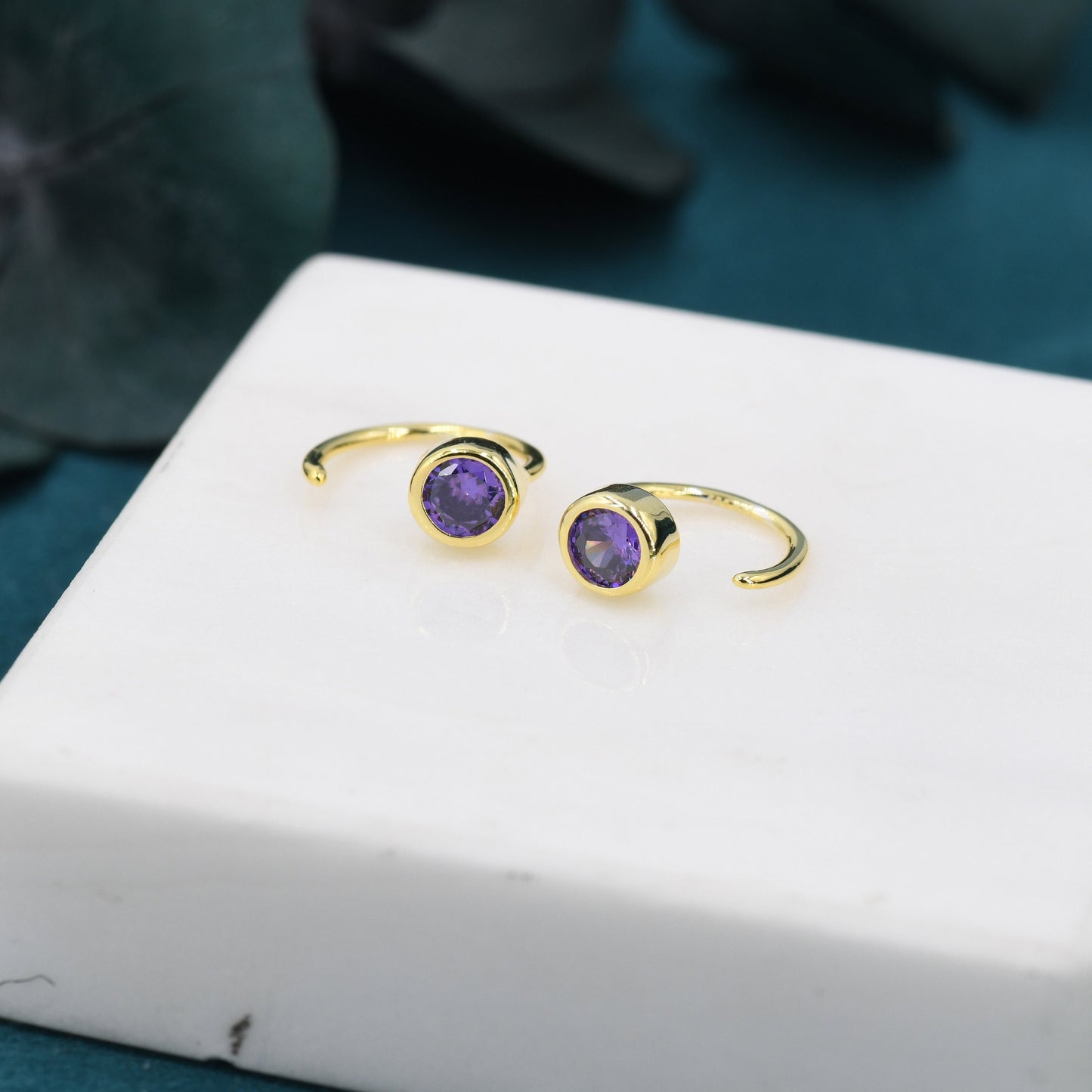 Amethyst Purple 4mm CZ Huggie Hoop Earrings in Sterling Silver, Tiny CZ Open Hoops, Pull Through Threaders, Half Hoops, C Shape