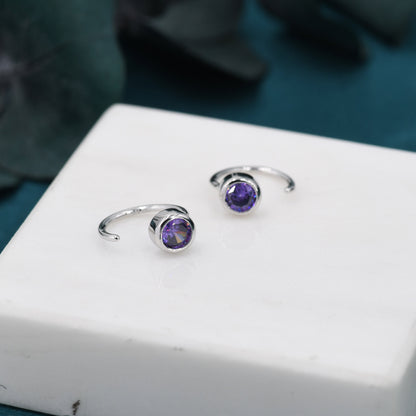 Amethyst Purple 4mm CZ Huggie Hoop Earrings in Sterling Silver, Tiny CZ Open Hoops, Pull Through Threaders, Half Hoops, C Shape