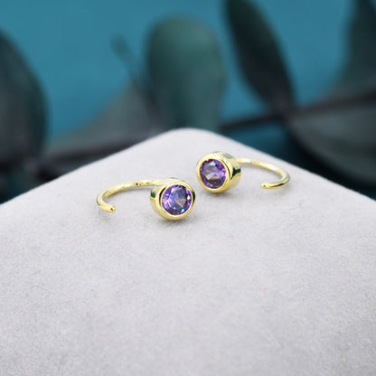 Amethyst Purple 4mm CZ Huggie Hoop Earrings in Sterling Silver, Tiny CZ Open Hoops, Pull Through Threaders, Half Hoops, C Shape