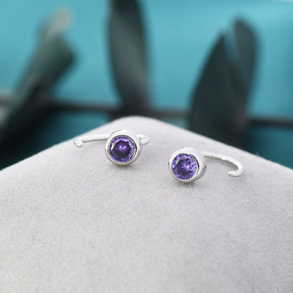 Amethyst Purple 4mm CZ Huggie Hoop Earrings in Sterling Silver, Tiny CZ Open Hoops, Pull Through Threaders, Half Hoops, C Shape