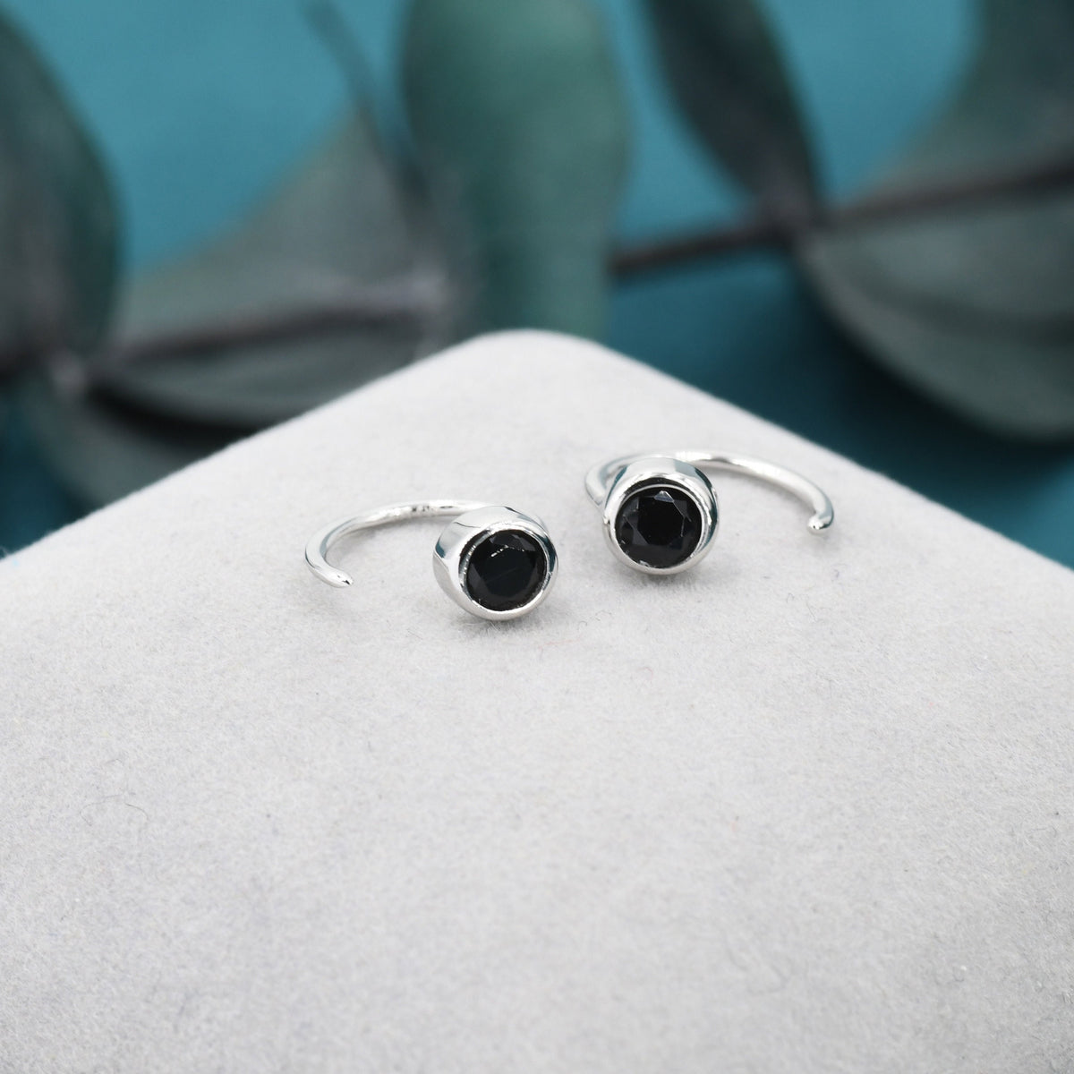 Black 4mm CZ Huggie Hoop Earrings in Sterling Silver, Tiny CZ Open Hoops, Pull Through Threaders, Half Hoops, C Shape