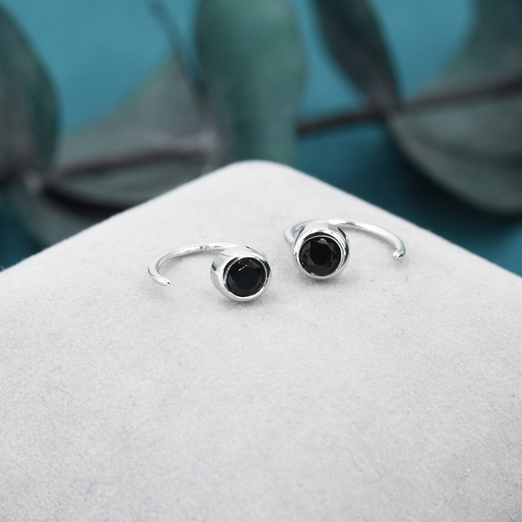 Black 4mm CZ Huggie Hoop Earrings in Sterling Silver, Tiny CZ Open Hoops, Pull Through Threaders, Half Hoops, C Shape