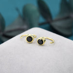 Black 4mm CZ Huggie Hoop Earrings in Sterling Silver, Tiny CZ Open Hoops, Pull Through Threaders, Half Hoops, C Shape