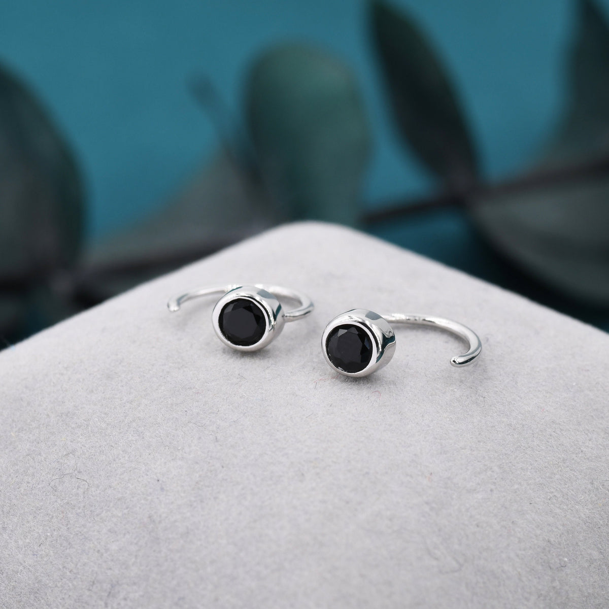 Black 4mm CZ Huggie Hoop Earrings in Sterling Silver, Tiny CZ Open Hoops, Pull Through Threaders, Half Hoops, C Shape