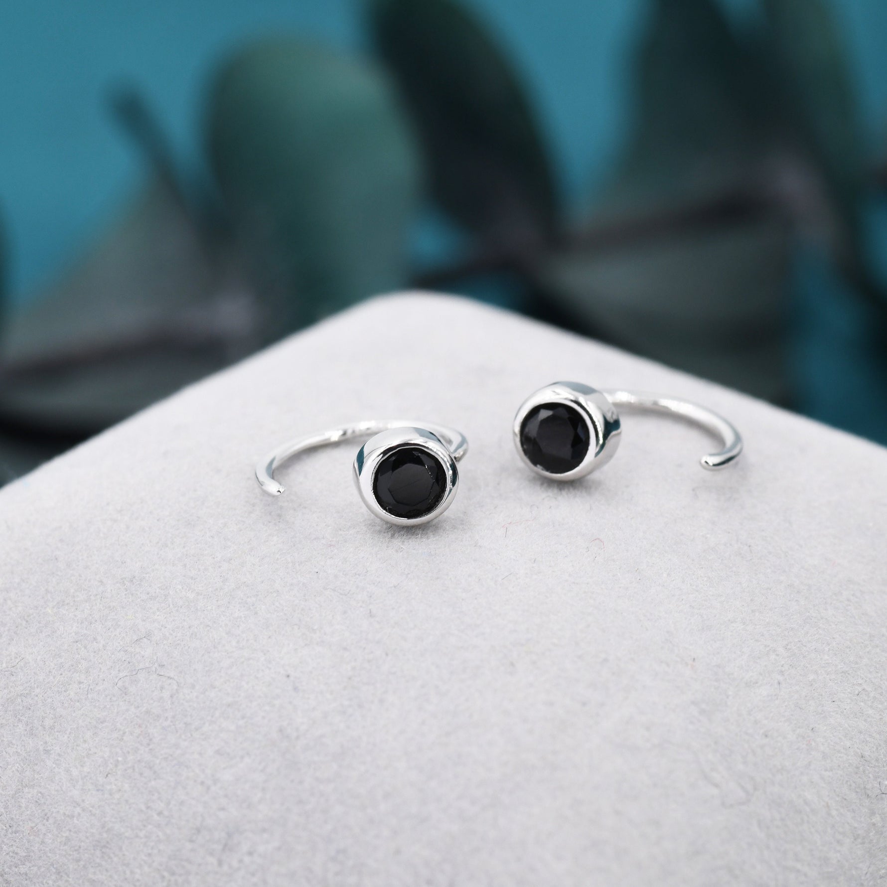 Black 4mm CZ Huggie Hoop Earrings in Sterling Silver, Tiny CZ Open Hoops, Pull Through Threaders, Half Hoops, C Shape