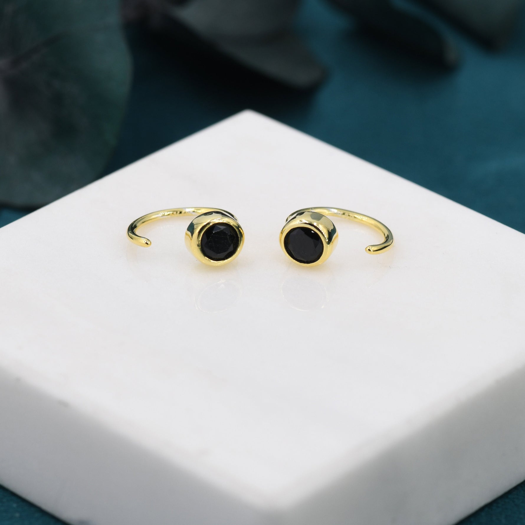 Black 4mm CZ Huggie Hoop Earrings in Sterling Silver, Tiny CZ Open Hoops, Pull Through Threaders, Half Hoops, C Shape