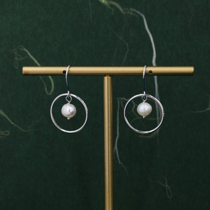 Genuine Freshwater Pearl and Circle Drop Earrings in Sterling Silver, Delicate Keshi Pearl Halo Earrings, Genuine Freshwater Pearls.