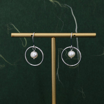 Genuine Freshwater Pearl and Circle Drop Earrings in Sterling Silver, Delicate Keshi Pearl Halo Earrings,  Genuine Freshwater Pearls.