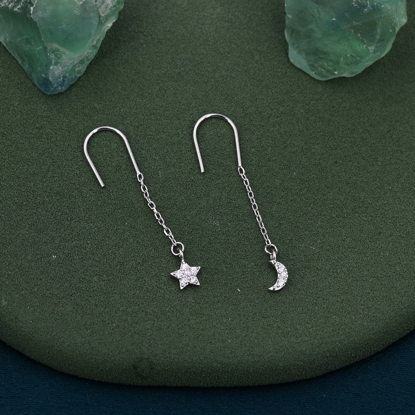 Asymmetric Star and Moon CZ Drop Earrings in Sterling Silver, Delicate Star and Moon Threader Earrings, Dainty Open Star Dangle Earrings