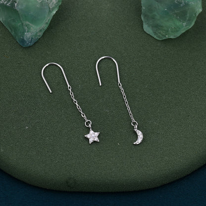 Asymmetric Star and Moon CZ Drop Earrings in Sterling Silver, Delicate Star and Moon Threader Earrings, Dainty Open Star Dangle Earrings