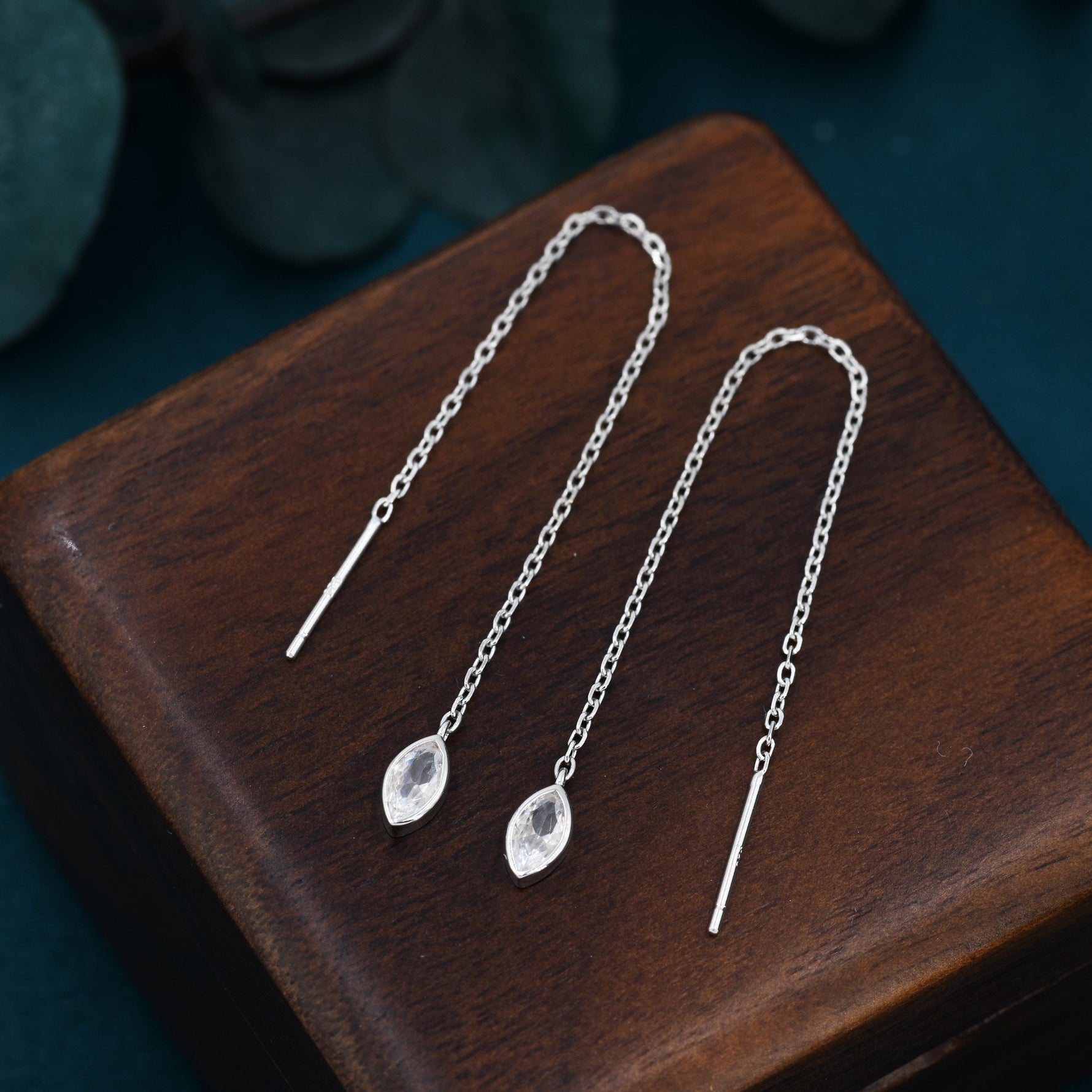 Tiny Marquise CZ Threader Earrings in Sterling Silver, Silver or Gold, Marquise Cut CZ Ear Threaders, Sparkly Threaders