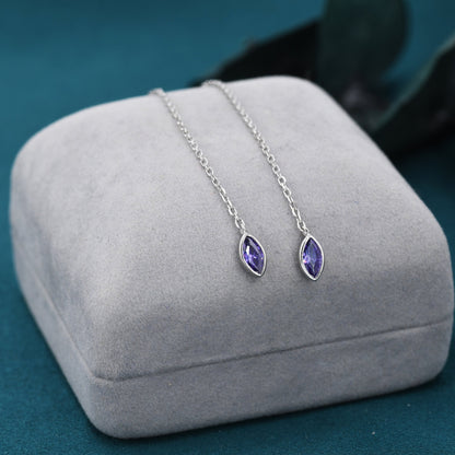 Tiny Purple Marquise CZ Threader Earrings in Sterling Silver, Silver or Gold, Marquise Cut CZ Ear Threaders, Sparkly Threaders