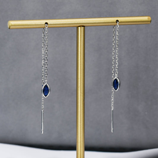 Tiny Sapphire Blue Marquise CZ Threader Earrings in Sterling Silver, Silver or Gold, Marquise Cut CZ Ear Threaders, Sparkly Threaders