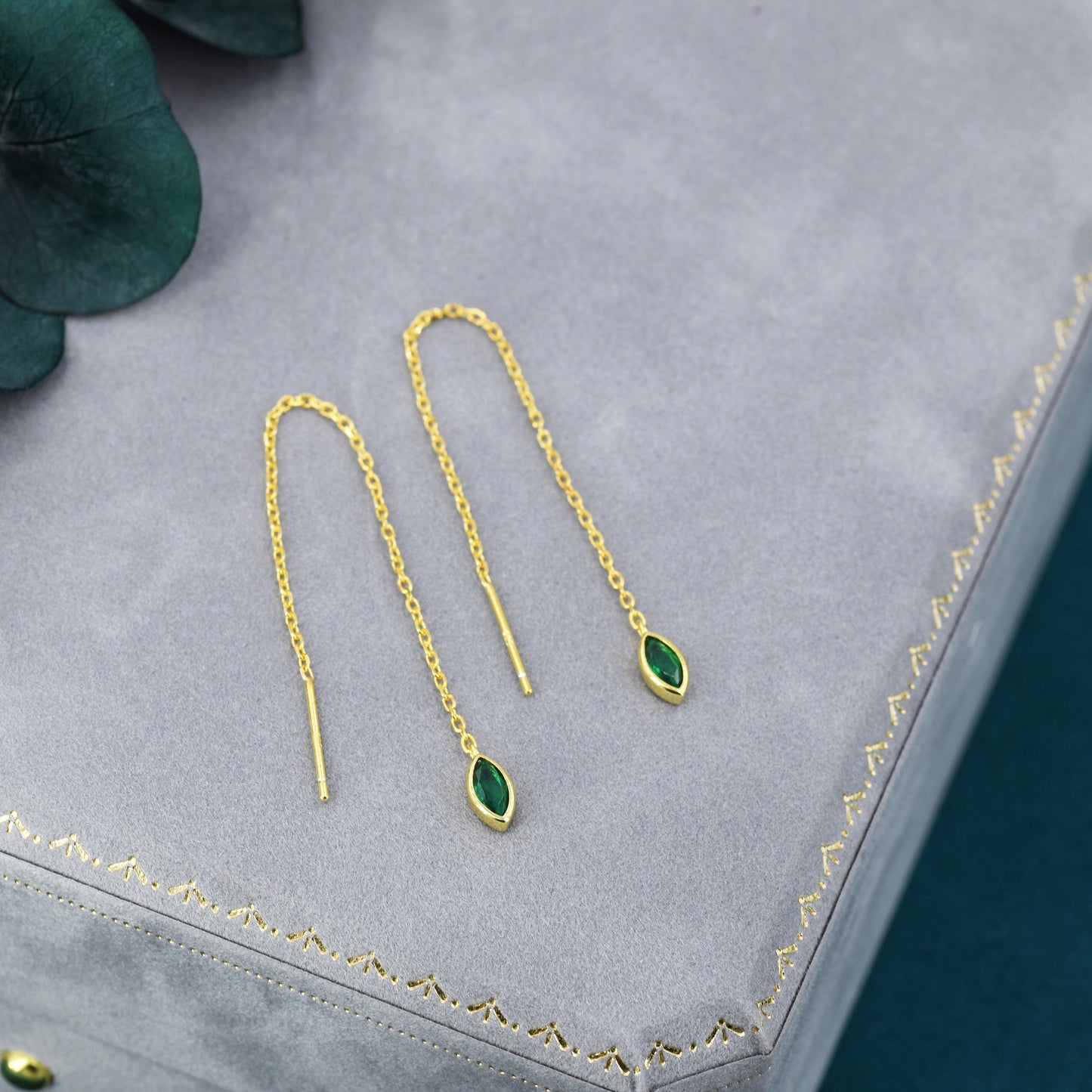 Tiny Emerald Green Marquise CZ Threader Earrings in Sterling Silver, Silver or Gold, Marquise Cut CZ Ear Threaders, Sparkly Threaders