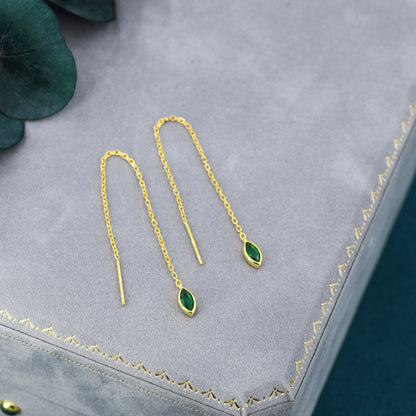 Tiny Emerald Green Marquise CZ Threader Earrings in Sterling Silver, Silver or Gold, Marquise Cut CZ Ear Threaders, Sparkly Threaders