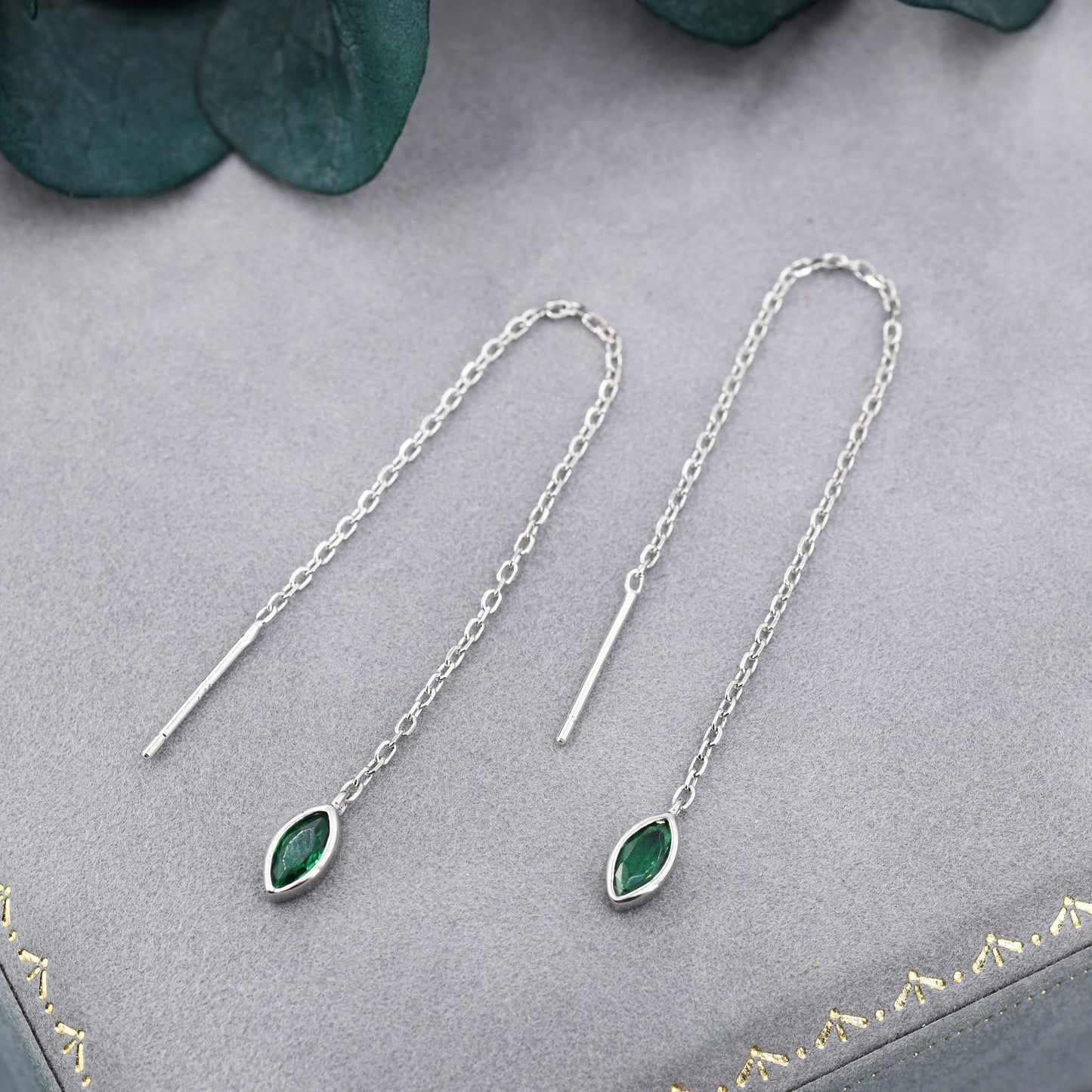 Tiny Emerald Green Marquise CZ Threader Earrings in Sterling Silver, Silver or Gold, Marquise Cut CZ Ear Threaders, Sparkly Threaders