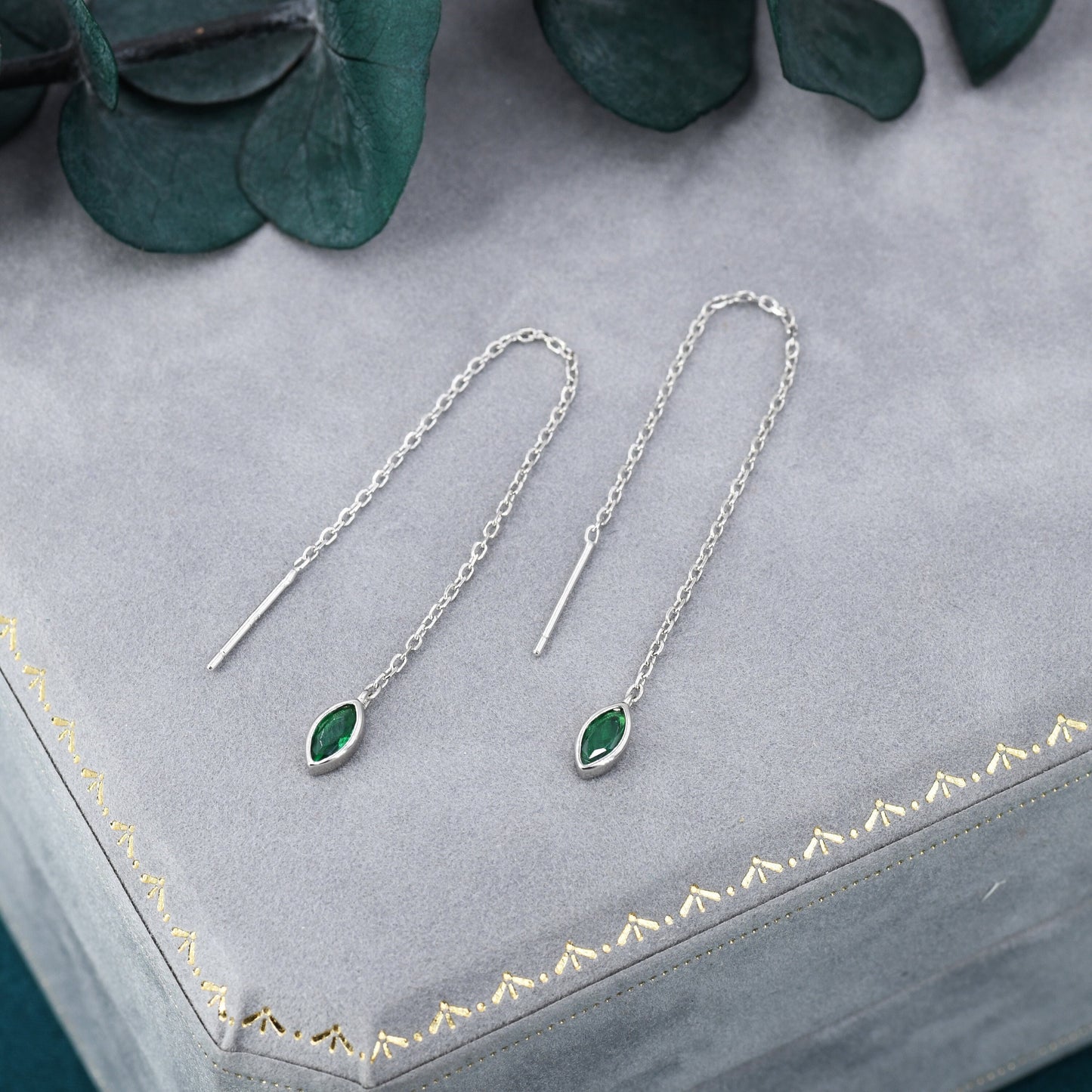 Tiny Emerald Green Marquise CZ Threader Earrings in Sterling Silver, Silver or Gold, Marquise Cut CZ Ear Threaders, Sparkly Threaders