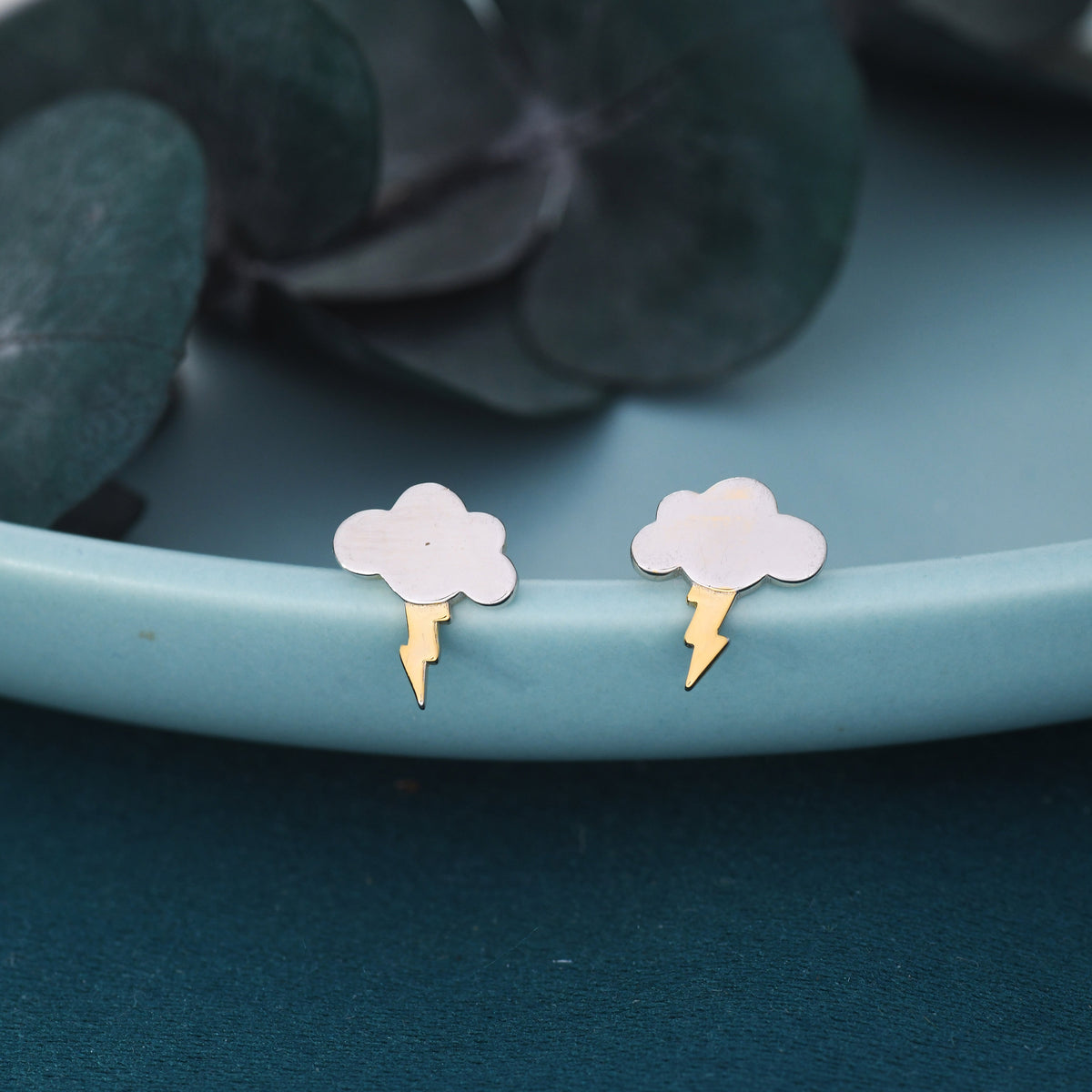 Dainty Little Cloud and Lightning Bolt Stud Earrings in Sterling Silver - Two Tone Gold and Silver Earrings - Fun, Whimsical