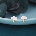 Dainty Little Cloud and Lightning Bolt Stud Earrings in Sterling Silver - Two Tone Gold and Silver Earrings - Fun, Whimsical