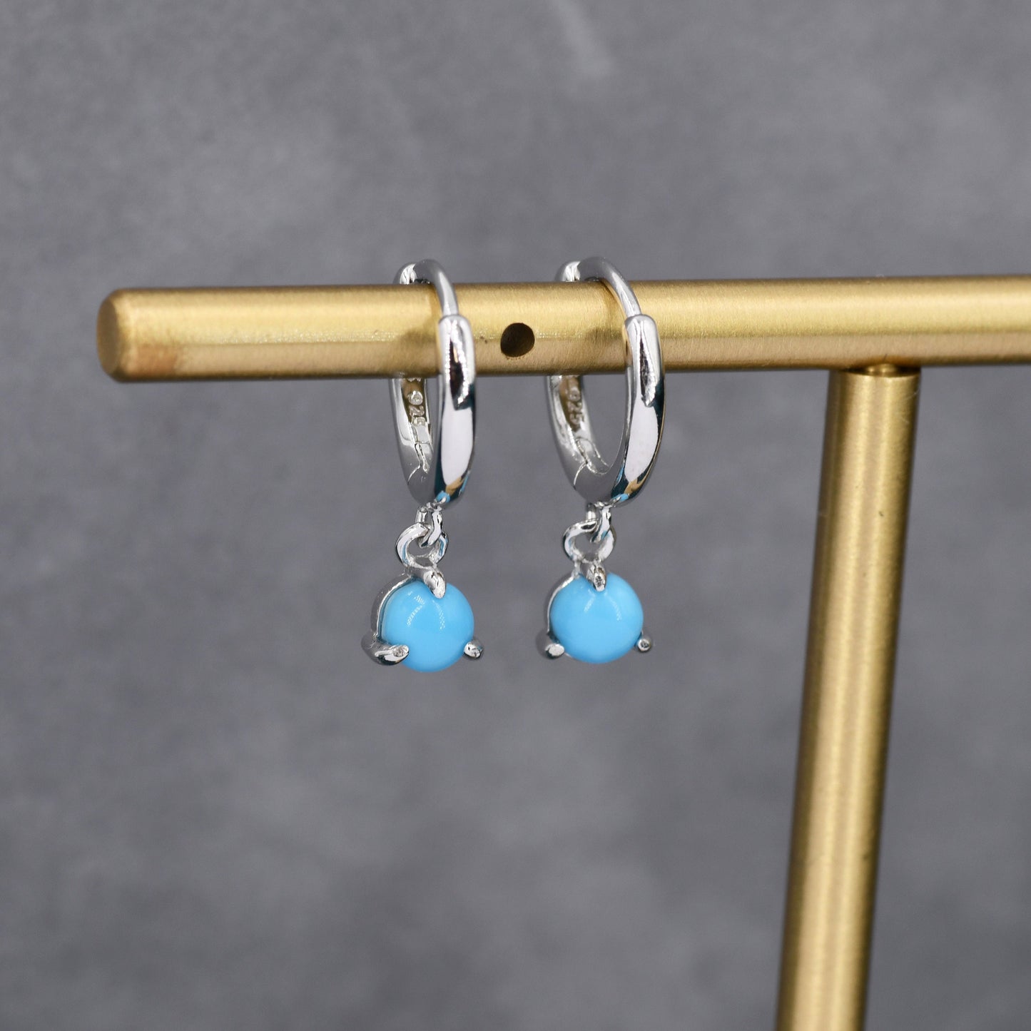 Sterling Silver 4mm Blue Turquoise Hoop Earrings, Turquoise Coin Dangle Hoop Earrings, Silver or Gold