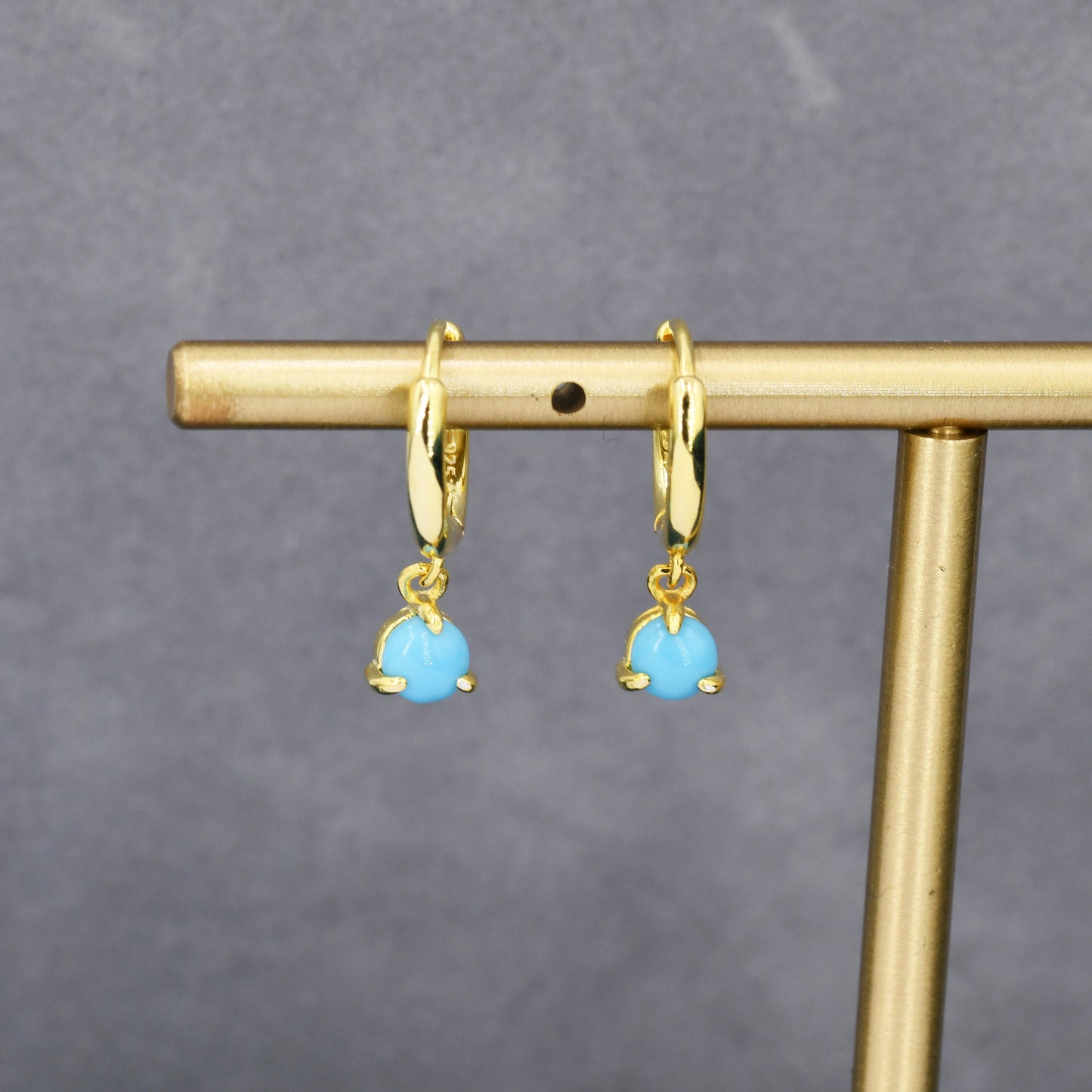 Sterling Silver 4mm Blue Turquoise Hoop Earrings, Turquoise Coin Dangle Hoop Earrings, Silver or Gold