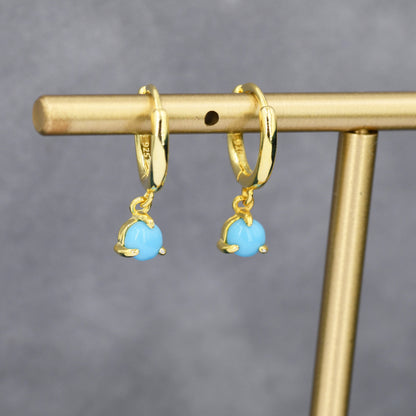 Sterling Silver 4mm Blue Turquoise Hoop Earrings, Turquoise Coin Dangle Hoop Earrings, Silver or Gold