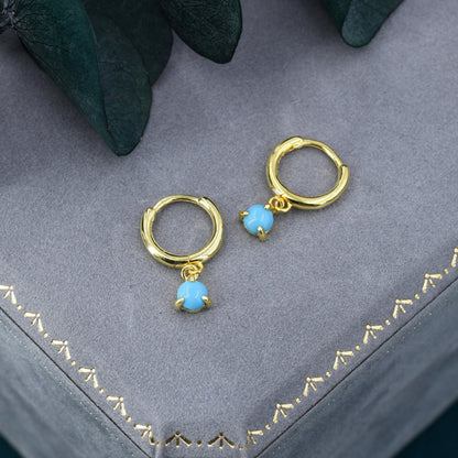 Sterling Silver 4mm Blue Turquoise Hoop Earrings, Turquoise Coin Dangle Hoop Earrings, Silver or Gold