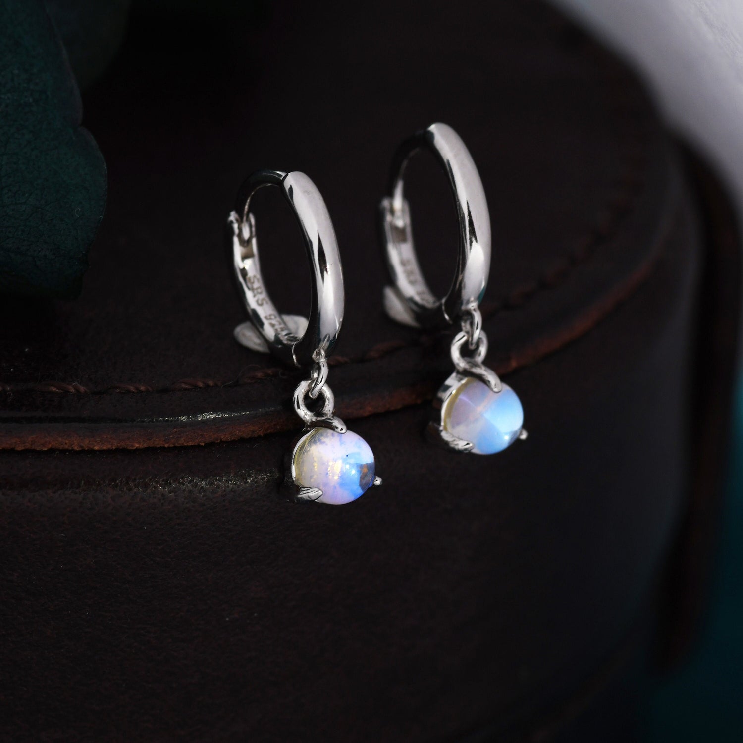 Sterling Silver 4mm Moonstone Hoop Earrings, Lab Moonstone Dangle Hoop Earrings, Silver or Gold