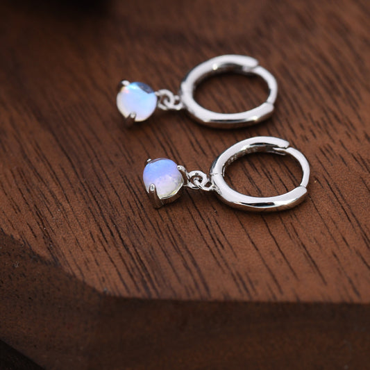 Sterling Silver 4mm Moonstone Hoop Earrings, Lab Moonstone Dangle Hoop Earrings, Silver or Gold