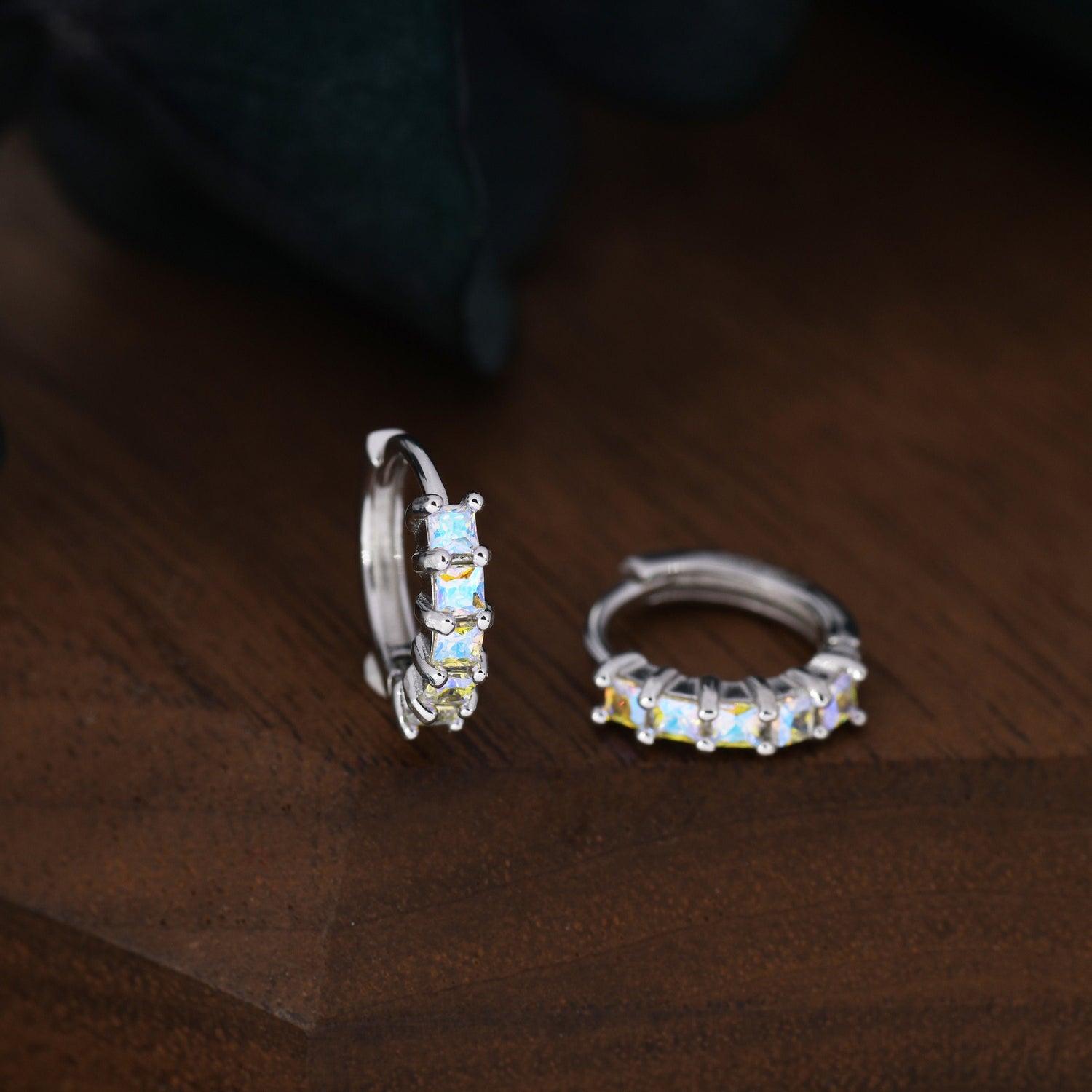 Aurora CZ Huggie Hoops in Sterling Silver, 8mm Mystic Colour AB Crystals Hoops, Silver or Gold, Dainty Lab Moonstone Hoops Earrings