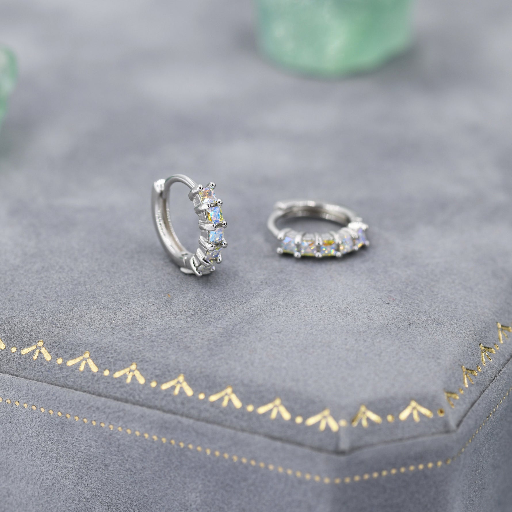 Aurora CZ Huggie Hoops in Sterling Silver, 8mm Mystic Colour AB Crystals Hoops, Silver or Gold, Dainty Lab Moonstone Hoops Earrings
