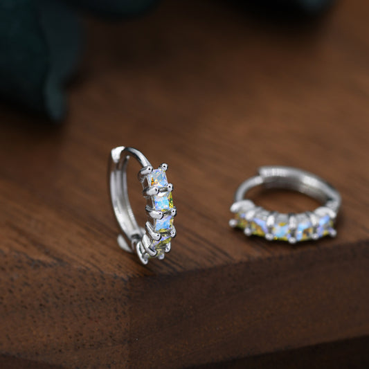 Aurora CZ Huggie Hoops in Sterling Silver, 8mm Mystic Colour AB Crystals Hoops, Silver or Gold, Dainty Lab Moonstone Hoops Earrings