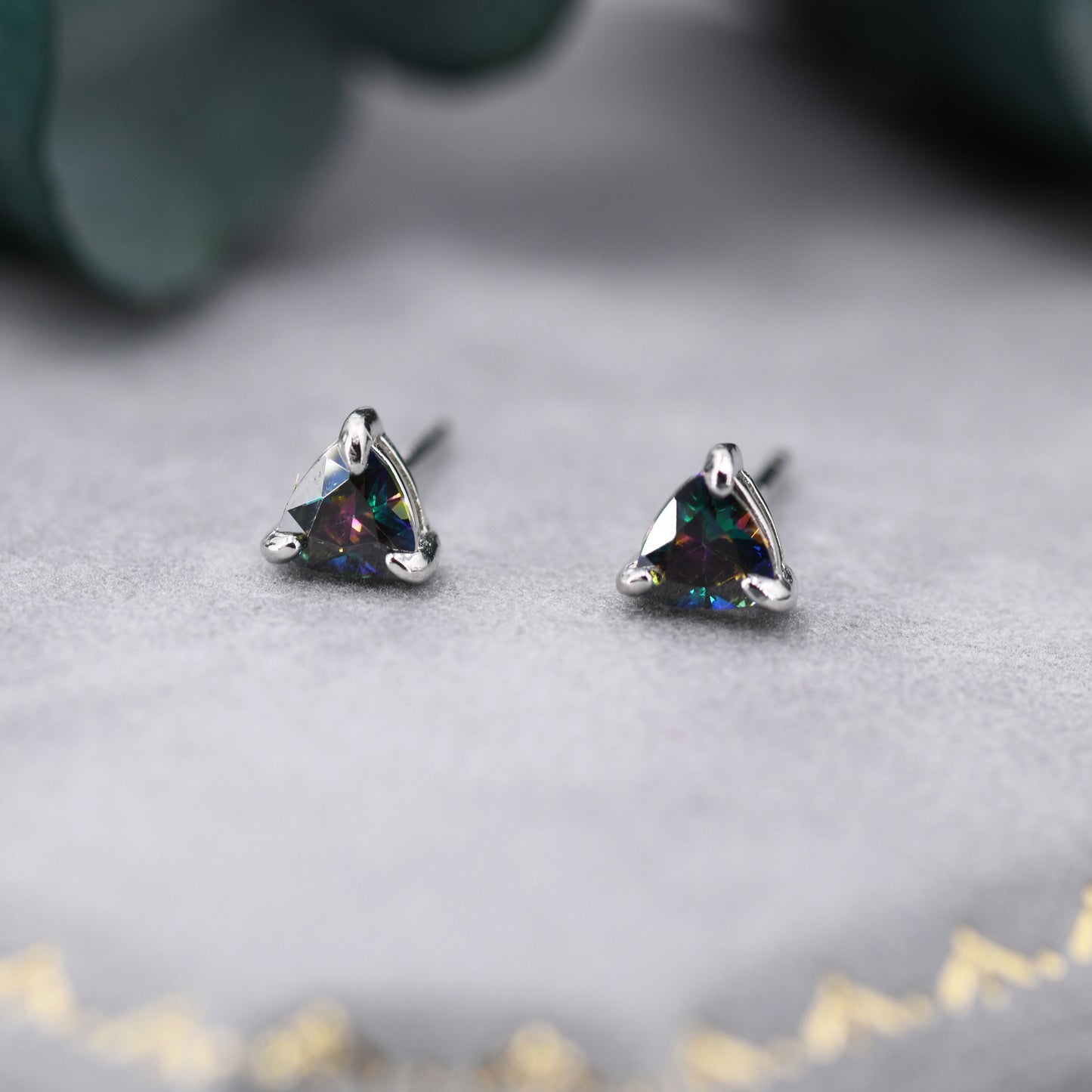 Trillion Cut Mystic Black CZ Stud Earrings in Sterling Silver, Silver or Gold, Cubic Zirconia Crystal Earrings