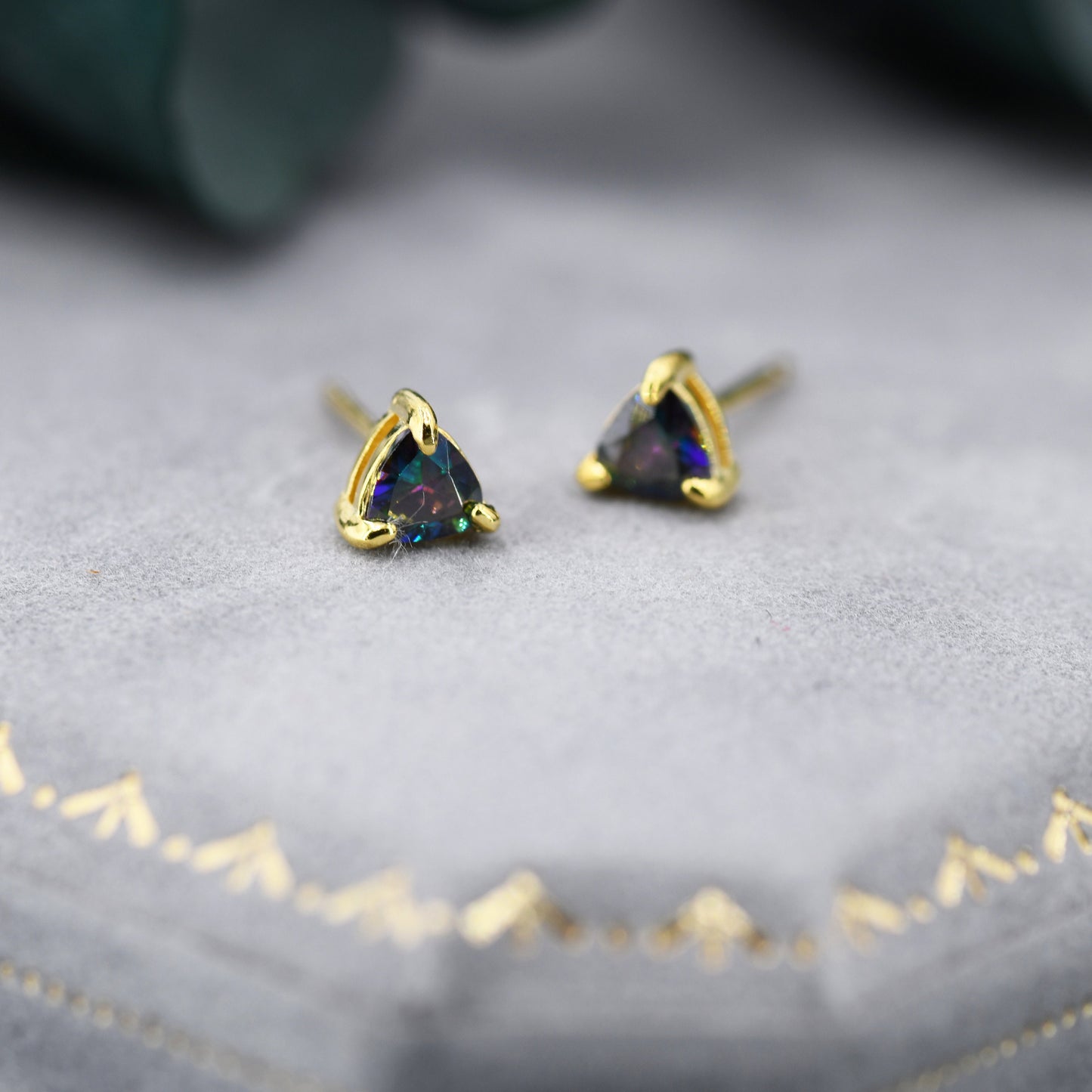 Trillion Cut Mystic Black CZ Stud Earrings in Sterling Silver, Silver or Gold, Cubic Zirconia Crystal Earrings