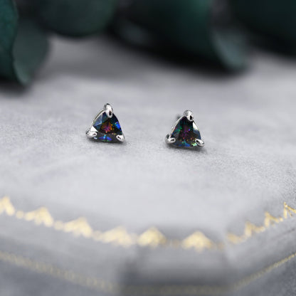 Trillion Cut Mystic Black CZ Stud Earrings in Sterling Silver, Silver or Gold, Cubic Zirconia Crystal Earrings