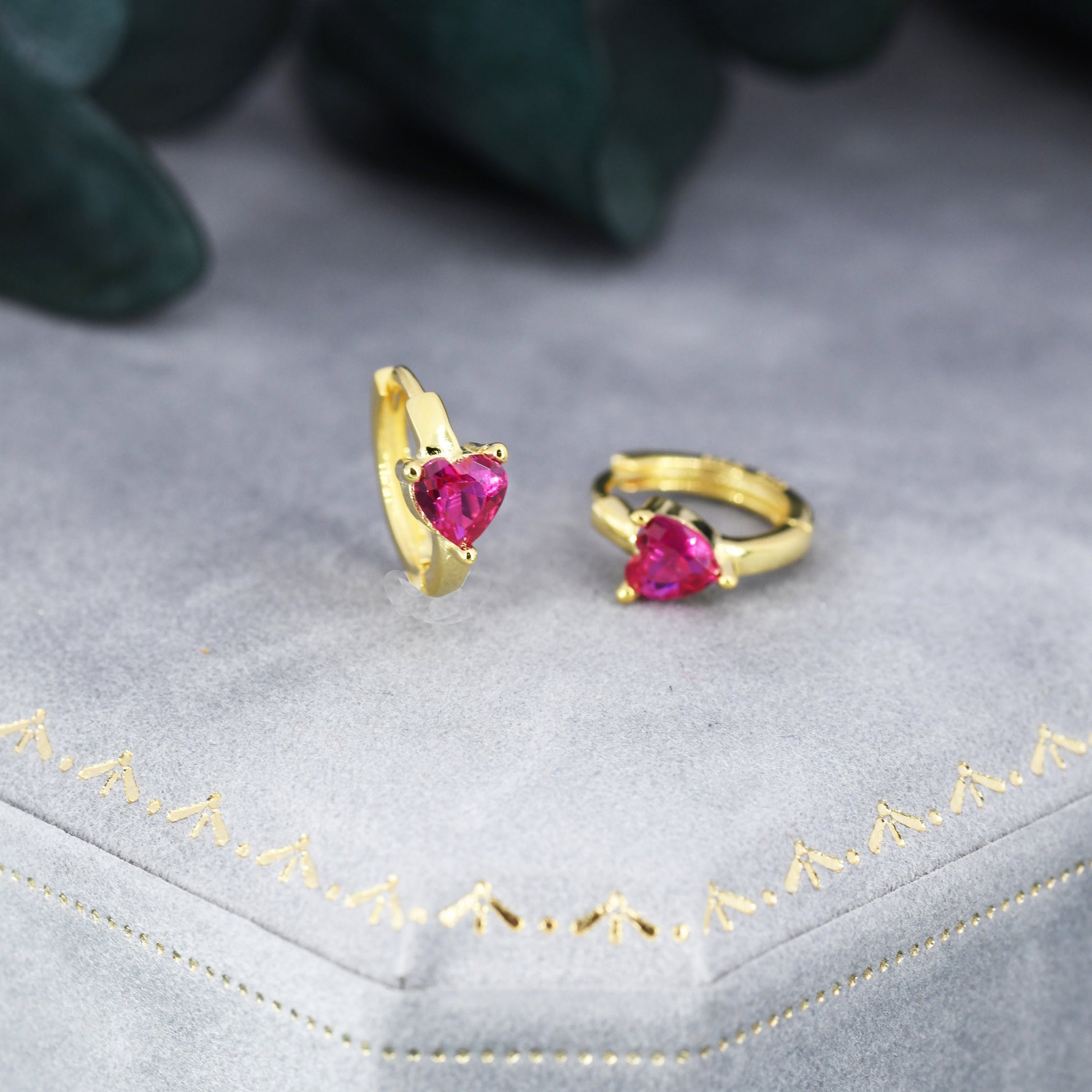 Ruby Red Heart CZ Huggie Hoop in Sterling Silver, Silver or Gold, 8mm Inner Diameter, Stacking Earrings