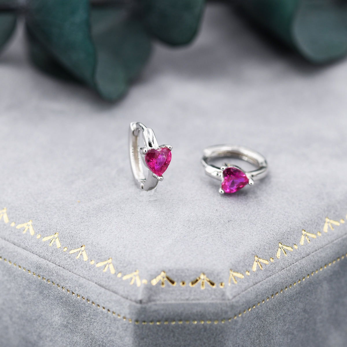 Ruby Red Heart CZ Huggie Hoop in Sterling Silver, Silver or Gold, 8mm Inner Diameter, Stacking Earrings