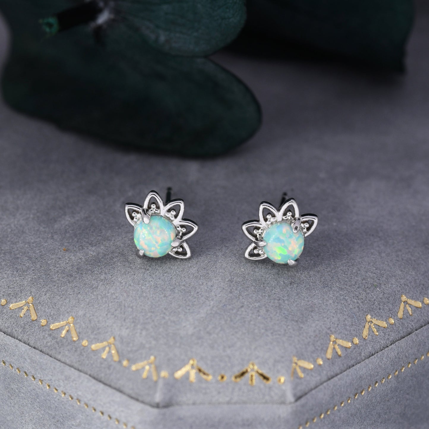 Sterling Silver Green Opal Crown Stud Earrings, Prong Set, Opal Earrings, Lab Opal Lotus Earrings, Minimalist