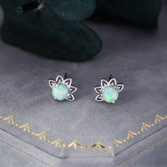 Sterling Silver Green Opal Crown Stud Earrings, Prong Set, Opal Earrings, Lab Opal Lotus Earrings, Minimalist