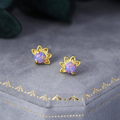 Sterling Silver Purple Opal Crown Stud Earrings, Prong Set, Opal Earrings, Lab Opal Lotus Earrings, Minimalist