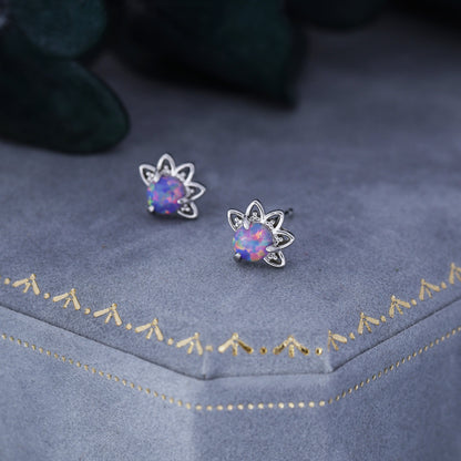 Sterling Silver Purple Opal Crown Stud Earrings, Prong Set, Opal Earrings, Lab Opal Lotus Earrings, Minimalist