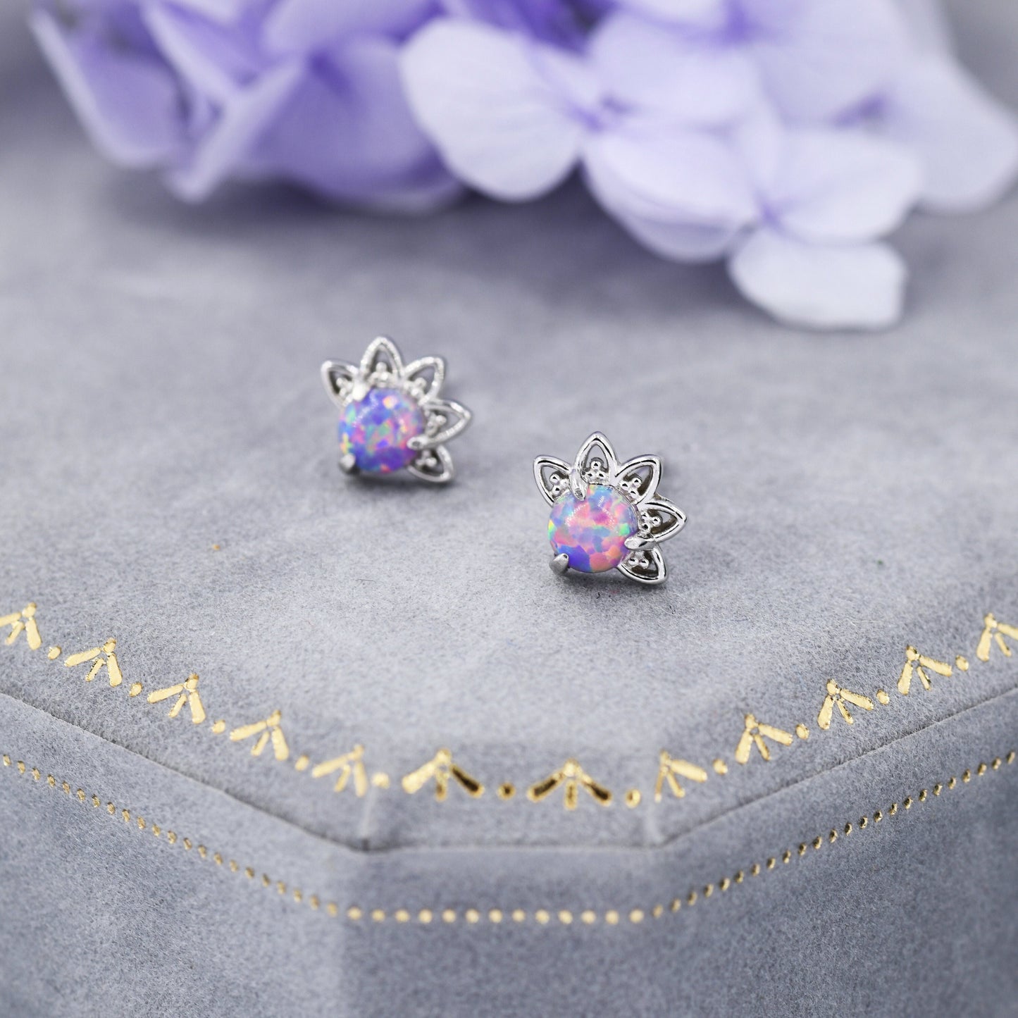 Sterling Silver Purple Opal Crown Stud Earrings, Prong Set, Opal Earrings, Lab Opal Lotus Earrings, Minimalist