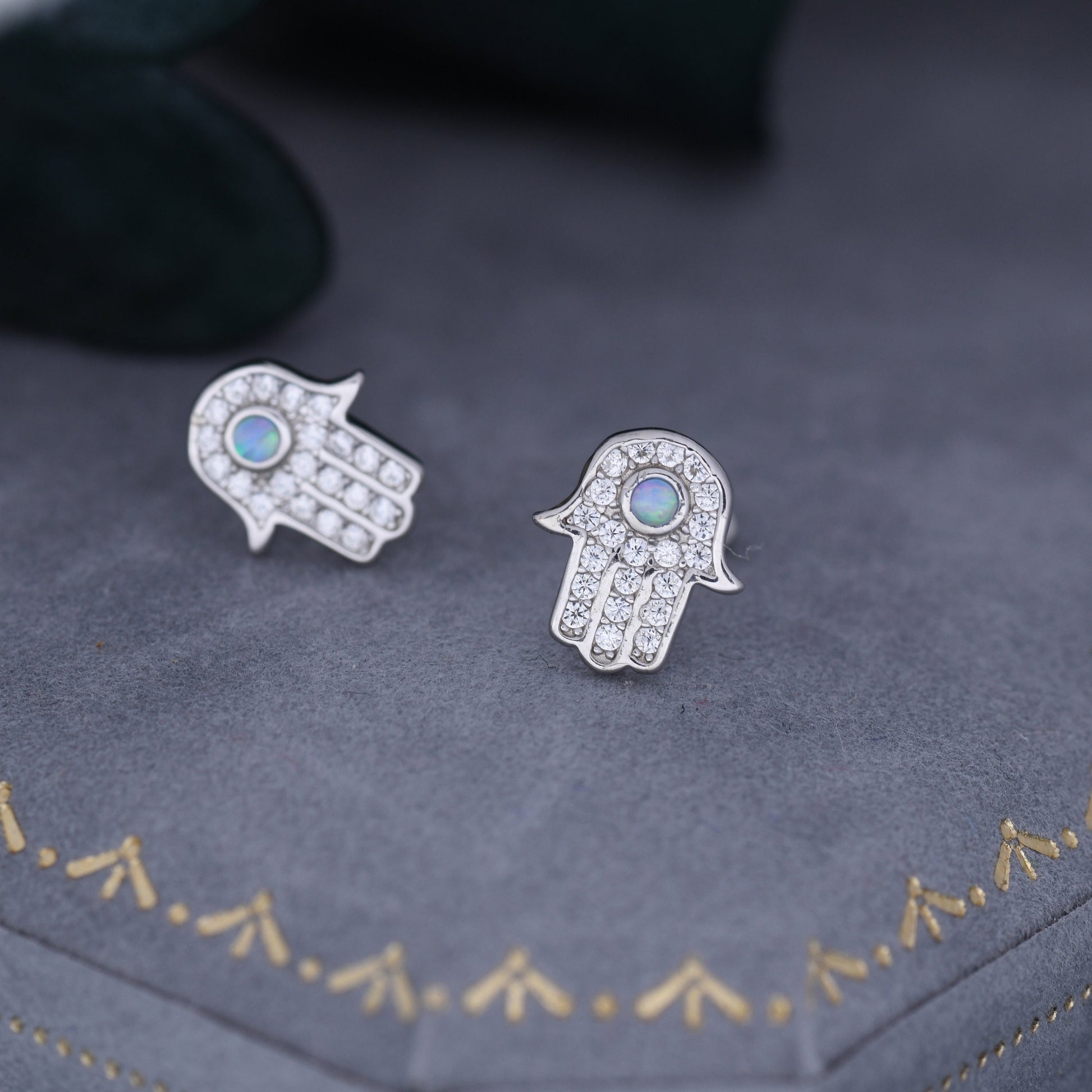 Sterling Silver Blue Opal Hamsa Hand Stud Earrings, Gold and