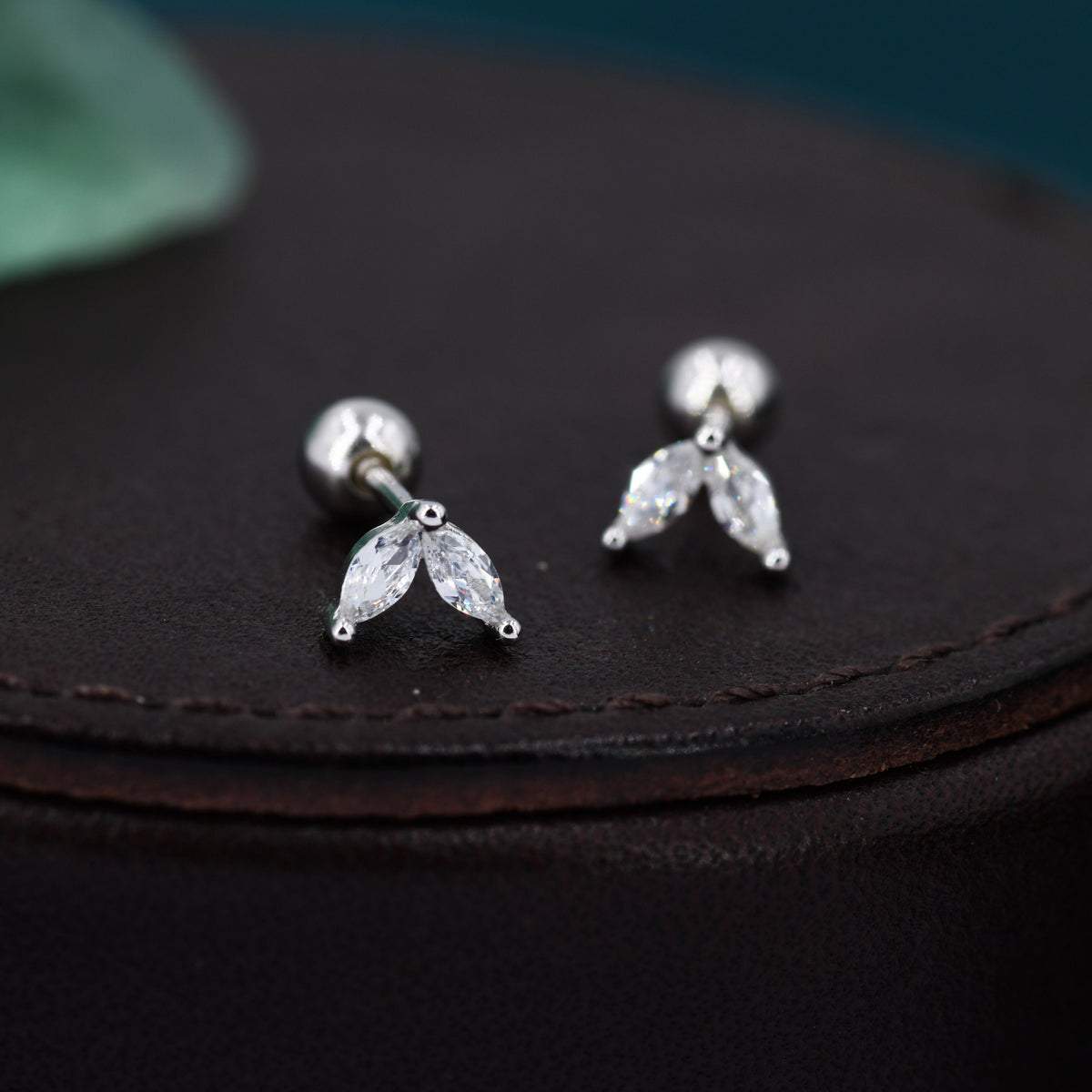 Sterling Silver CZ Marquise Leaf Screwback Earrings, Gold or Silver, Marquise Fan Screw back Earrings, Two Marquise Barbell Earrings