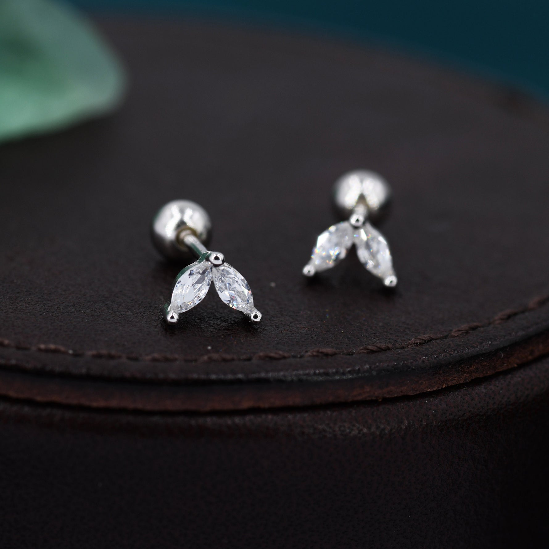 Sterling Silver CZ Marquise Leaf Screwback Earrings, Gold or Silver, Marquise Fan Screw back Earrings, Two Marquise Barbell Earrings