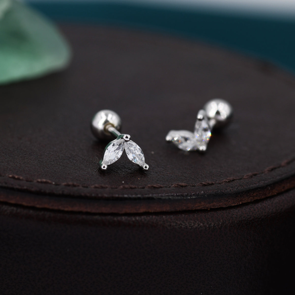 Sterling Silver CZ Marquise Leaf Screwback Earrings, Gold or Silver, Marquise Fan Screw back Earrings, Two Marquise Barbell Earrings