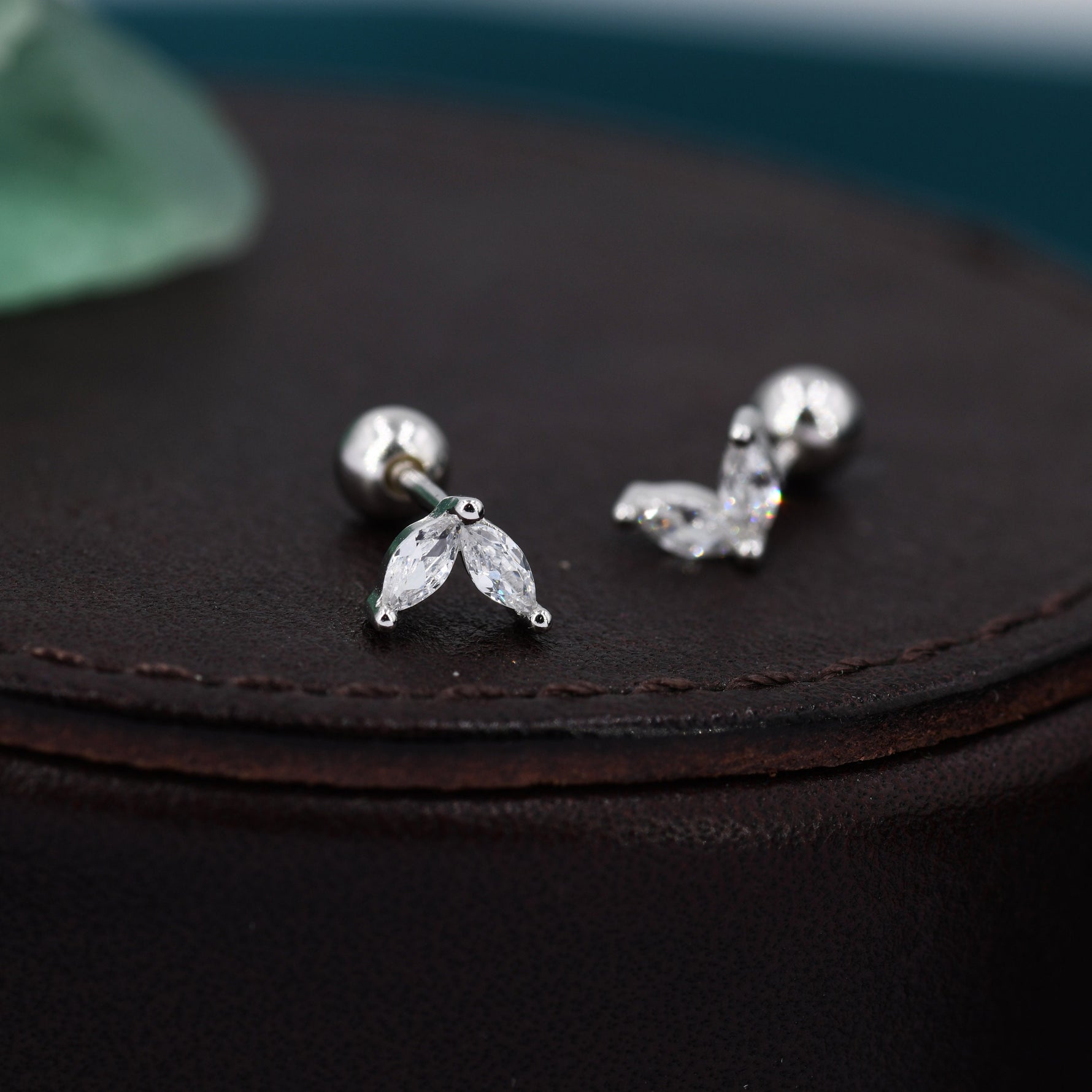 Sterling Silver CZ Marquise Leaf Screwback Earrings, Gold or Silver, Marquise Fan Screw back Earrings, Two Marquise Barbell Earrings